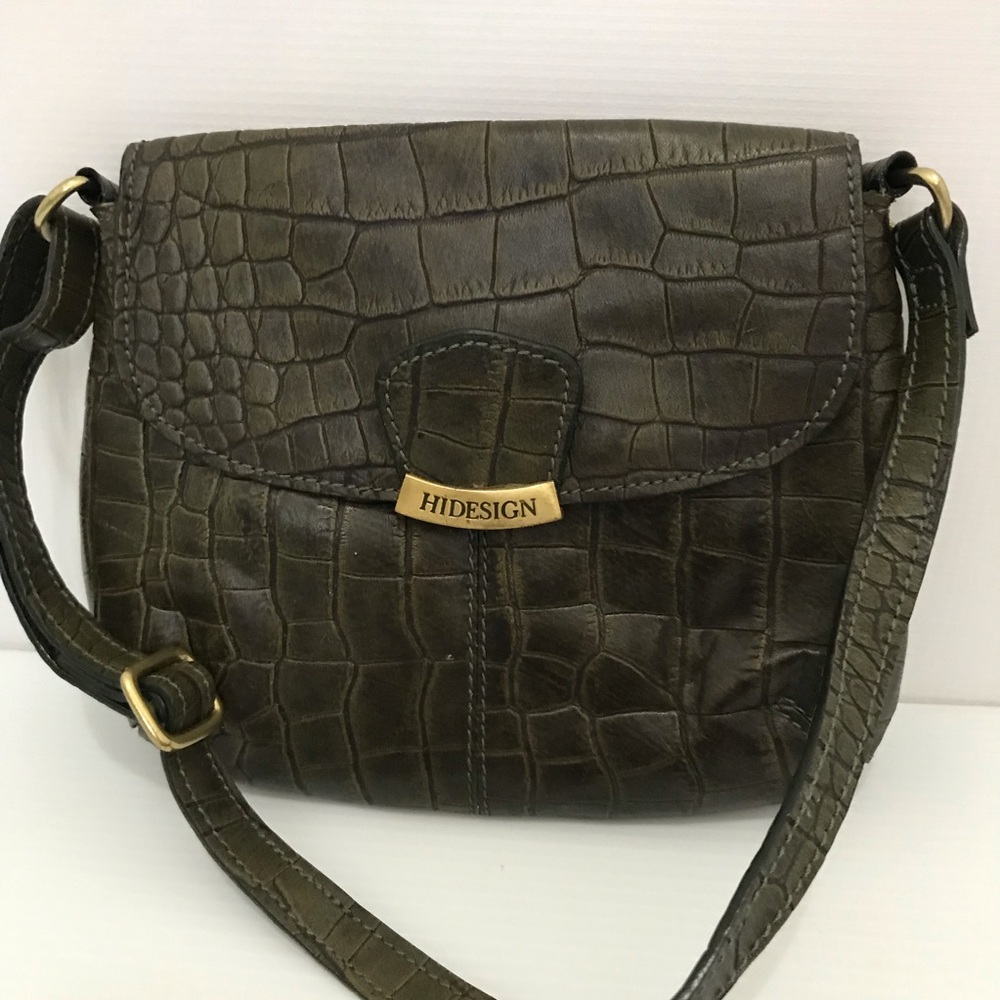 Hidesign Olive Green Croc-Embossed Leather Crossbody Bag